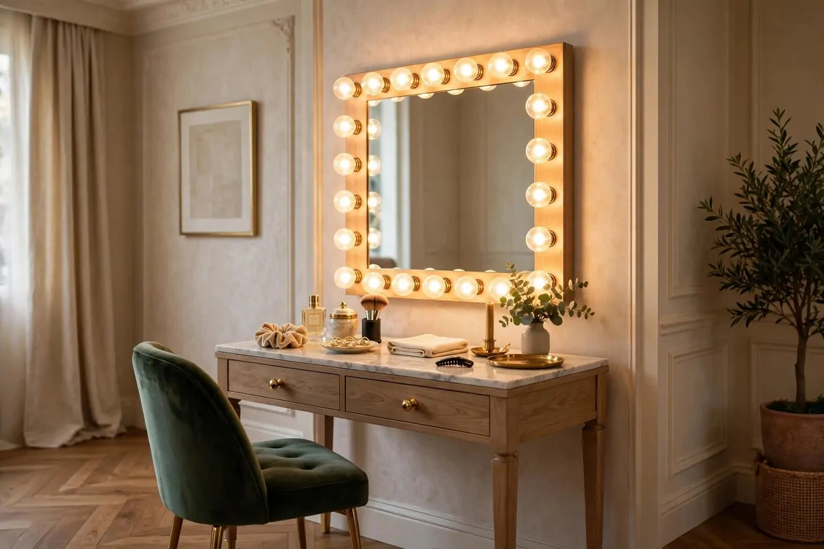 21 Makeup Studio Ideas for a Glam, Camera-Ready Space 1 Vanity table with Hollywood style bulb mirror glowing warmly in a glam room