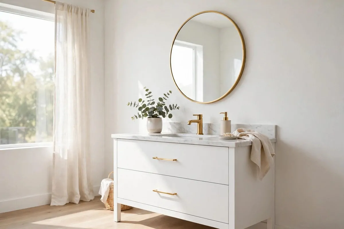 21 Makeup Studio Ideas for a Glam, Camera-Ready Space 2 Minimalist white vanity with gold accents and a round mirror in a bright room