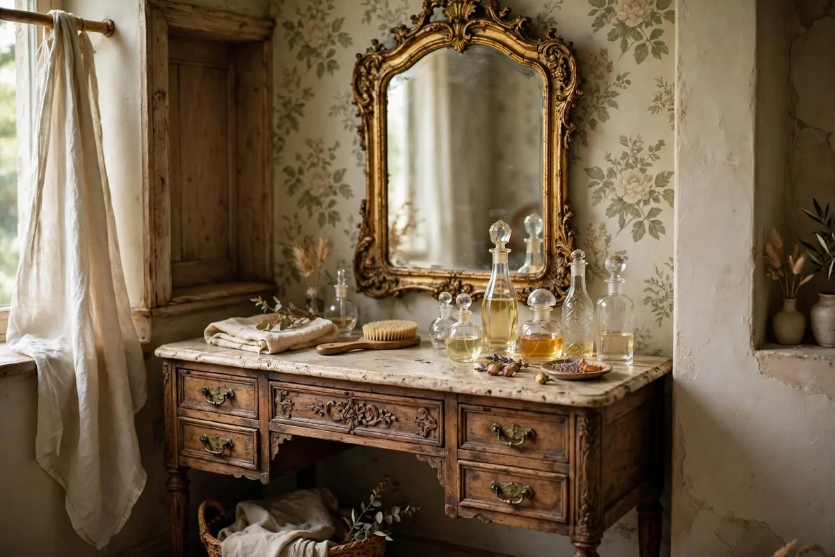 21 Makeup Studio Ideas for a Glam, Camera-Ready Space 3 Vintage wooden vanity with ornate mirror and glass perfume bottles in a cozy nook