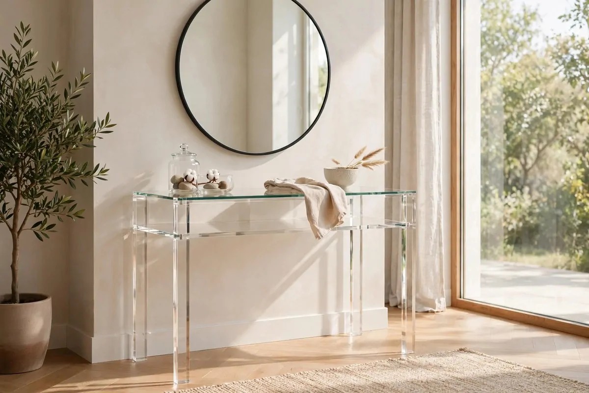 21 Makeup Studio Ideas for a Glam, Camera-Ready Space 4 Modern vanity with clear acrylic legs and glass top appearing to float in a bright room