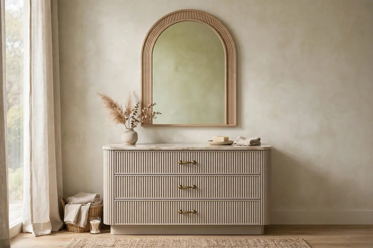 21 Makeup Studio Ideas for a Glam, Camera-Ready Space 5 Arched mirror above a vanity with fluted drawers in soft neutral tones