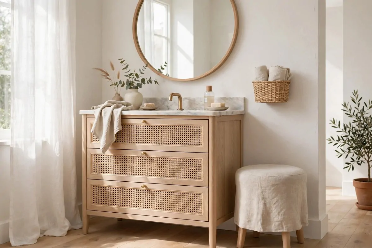 21 Makeup Studio Ideas for a Glam, Camera-Ready Space 6 Light wood vanity with woven cane drawers and linen stool in an airy room