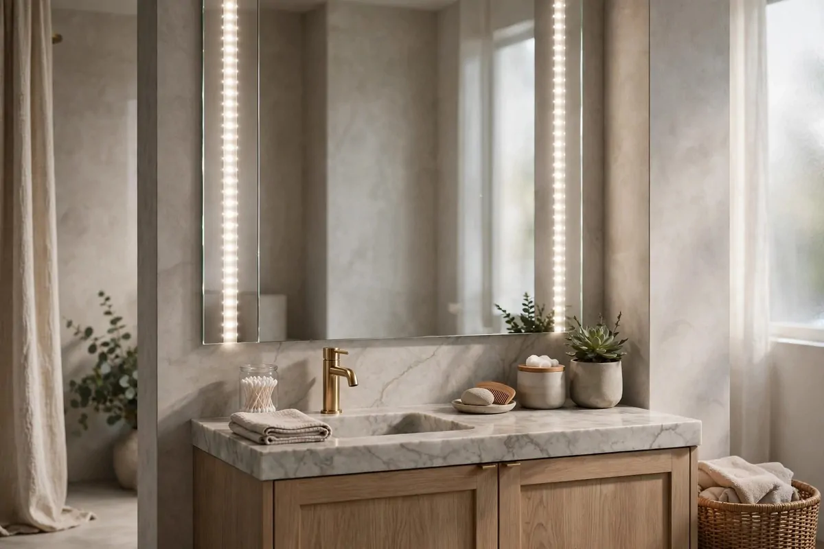 21 Makeup Studio Ideas for a Glam, Camera-Ready Space 7 Vanity mirror with vertical LED light strips on both sides glowing evenly