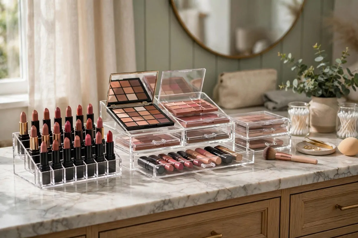 21 Makeup Studio Ideas for a Glam, Camera-Ready Space 8 Clear acrylic makeup organizers with neatly arranged lipsticks and palettes on a vanity