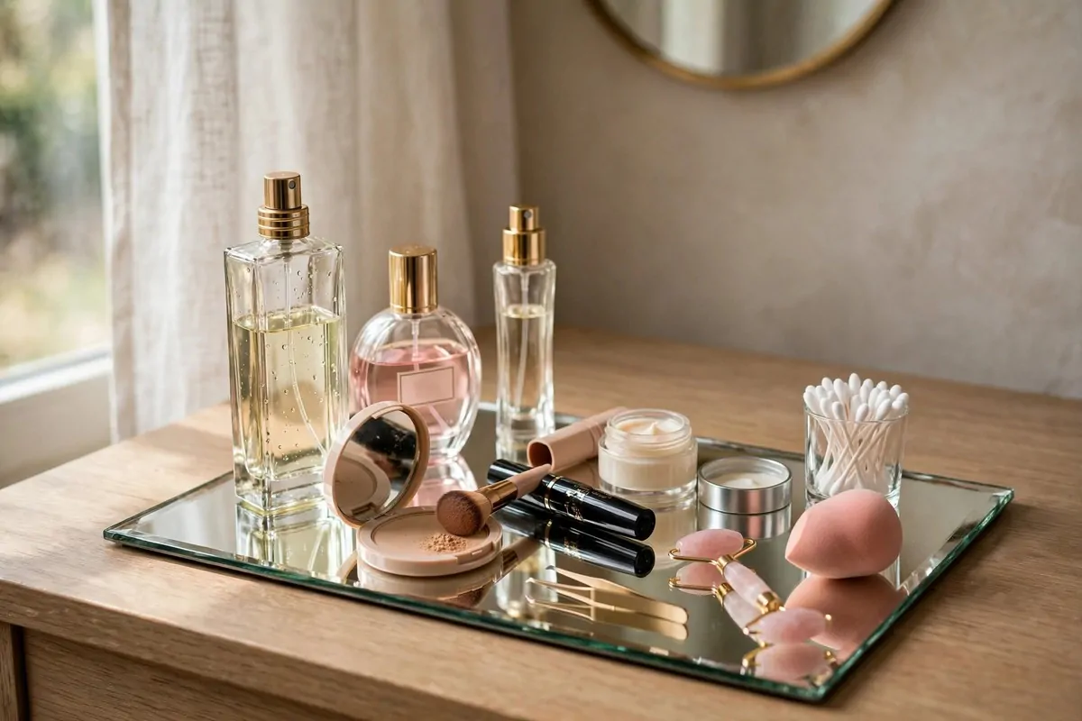 21 Makeup Studio Ideas for a Glam, Camera-Ready Space 9 Mirrored tray holding perfumes and daily makeup products on a vanity table