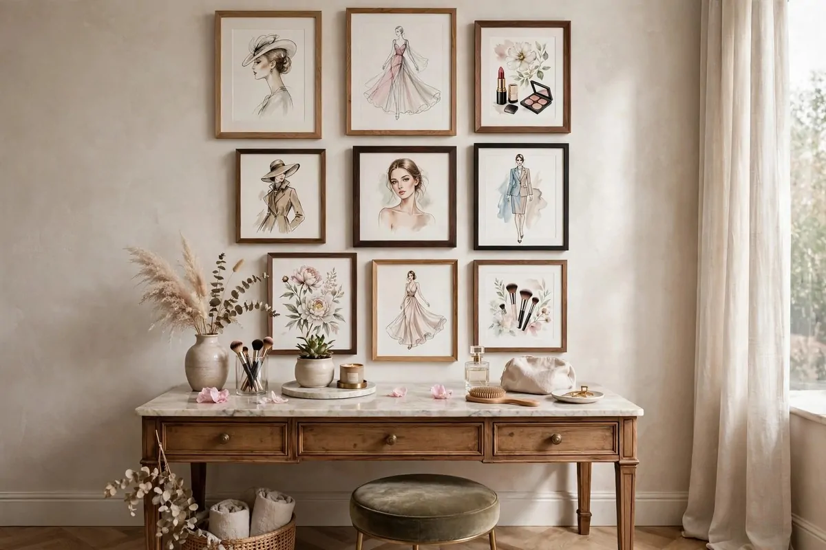 21 Makeup Studio Ideas for a Glam, Camera-Ready Space 10 Gallery wall of framed beauty prints and fashion illustrations above a vanity