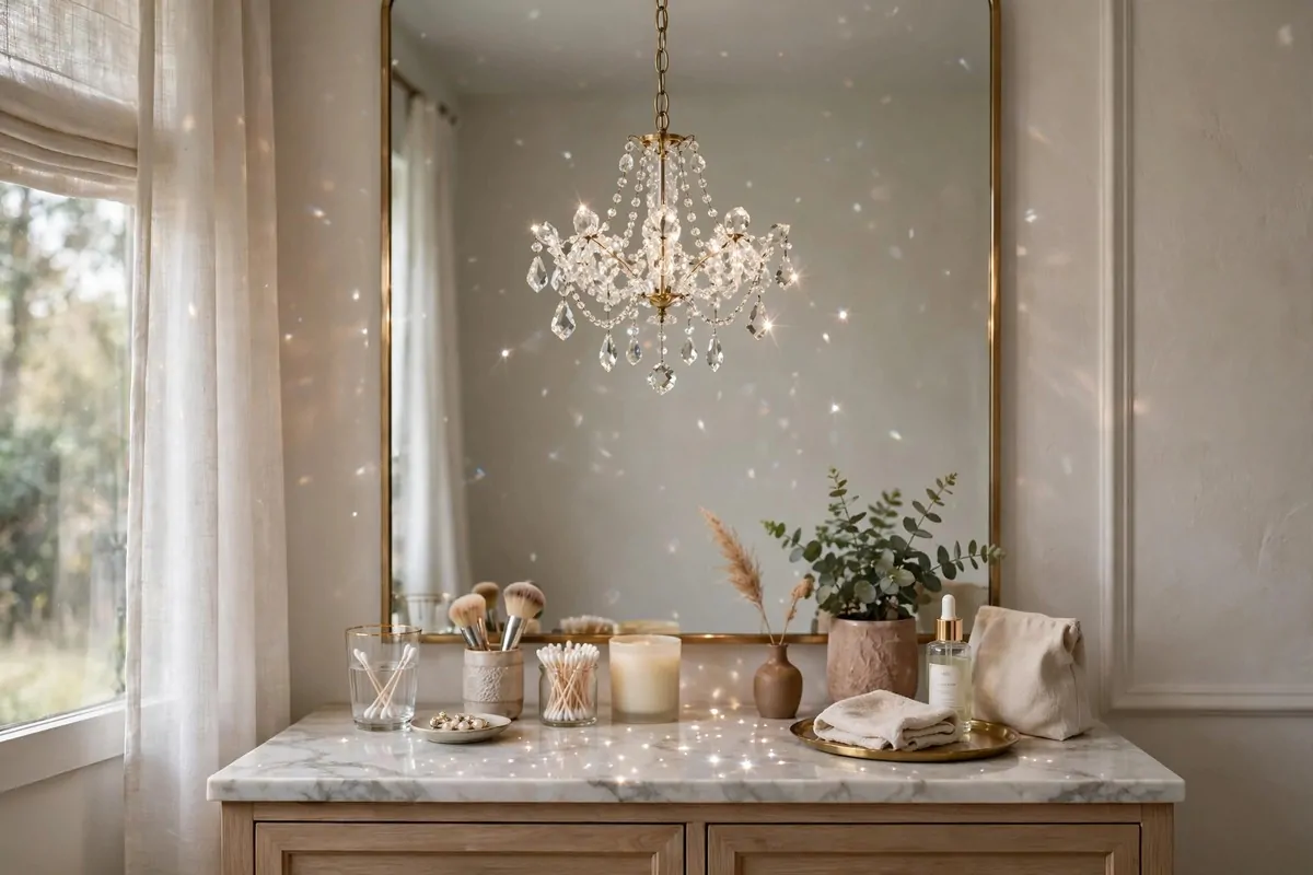 21 Makeup Studio Ideas for a Glam, Camera-Ready Space 11 Small crystal chandelier hanging over a vanity area casting sparkles
