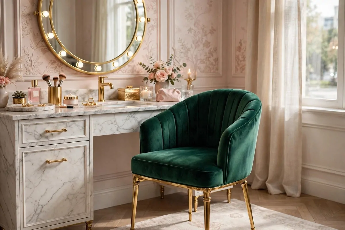 21 Makeup Studio Ideas for a Glam, Camera-Ready Space 12 Emerald velvet vanity chair with gold legs in a glam makeup room