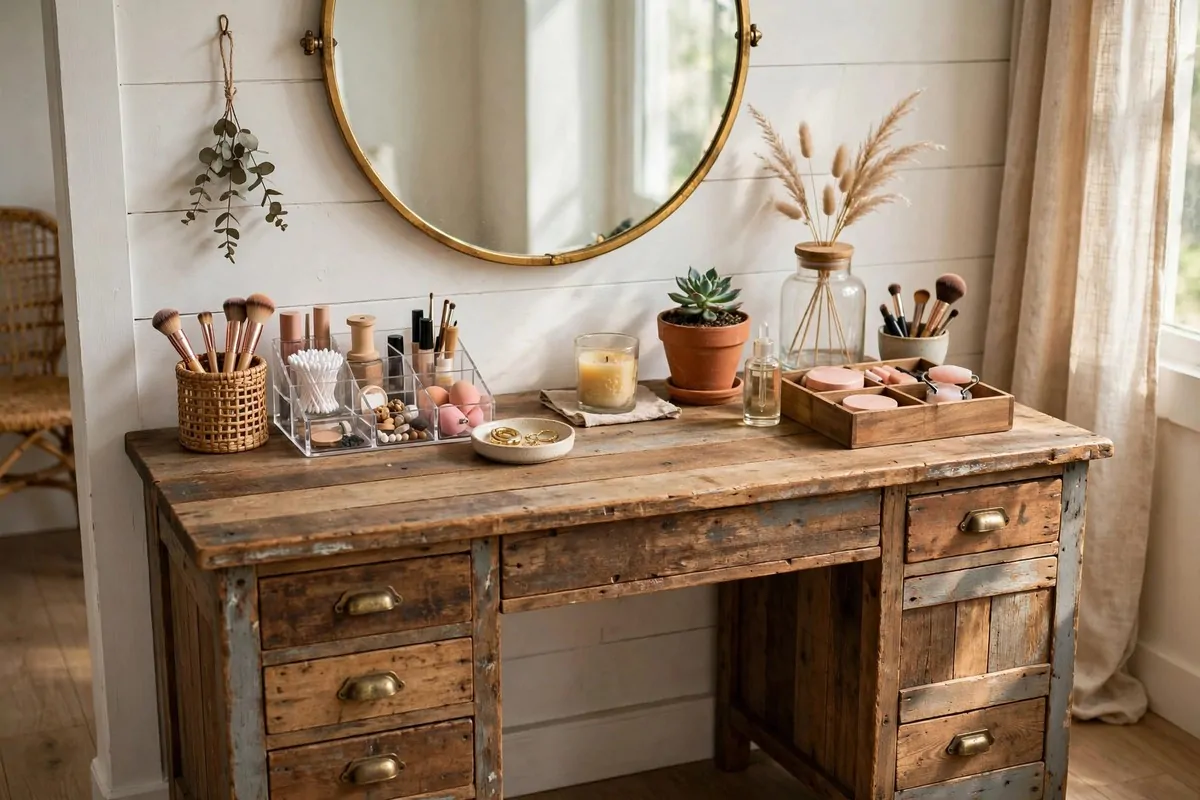 21 Makeup Studio Ideas for a Glam, Camera-Ready Space 13 Repurposed wooden desk styled as a makeup vanity with mirror and organizers