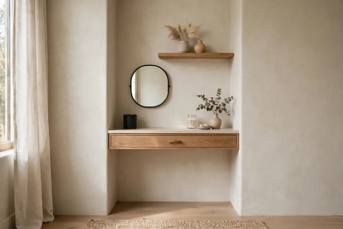 21 Makeup Studio Ideas for a Glam, Camera-Ready Space 14 Slim vanity tucked into a wall niche with a small mirror and floating shelf