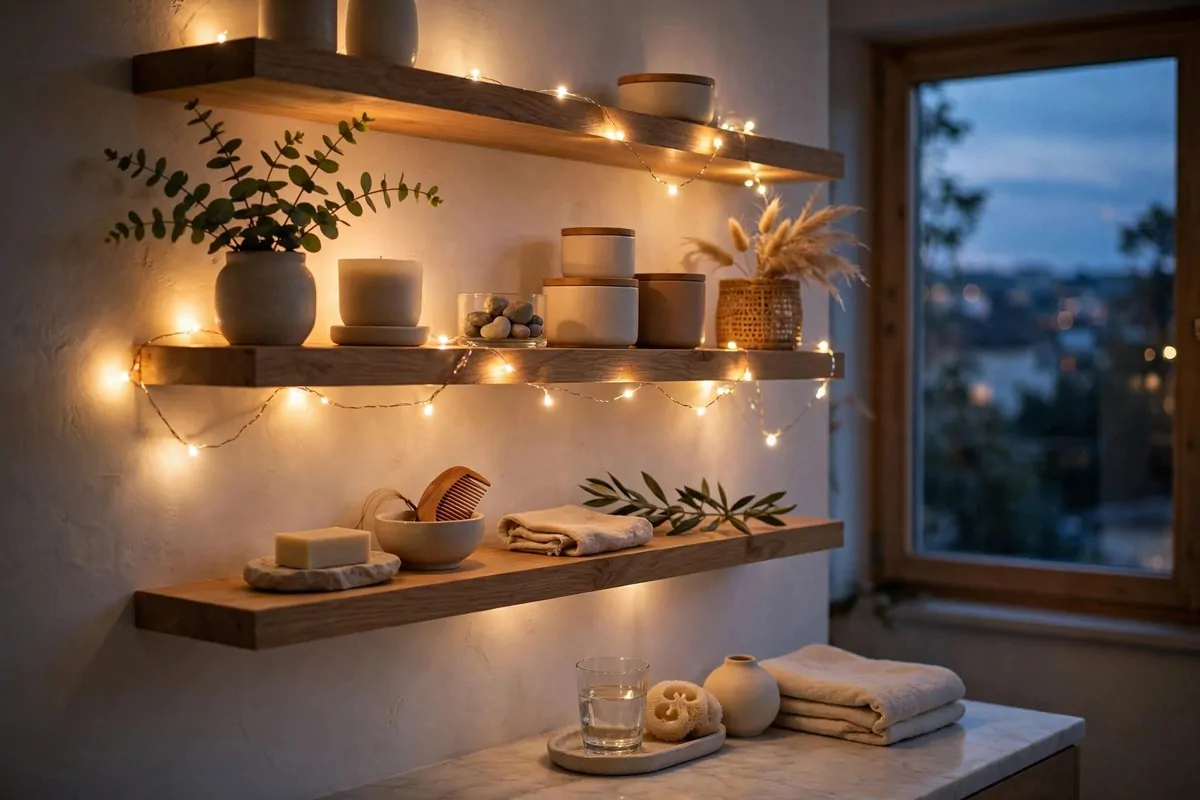 21 Makeup Studio Ideas for a Glam, Camera-Ready Space 15 Vanity shelves decorated with warm string lights glowing softly at dusk