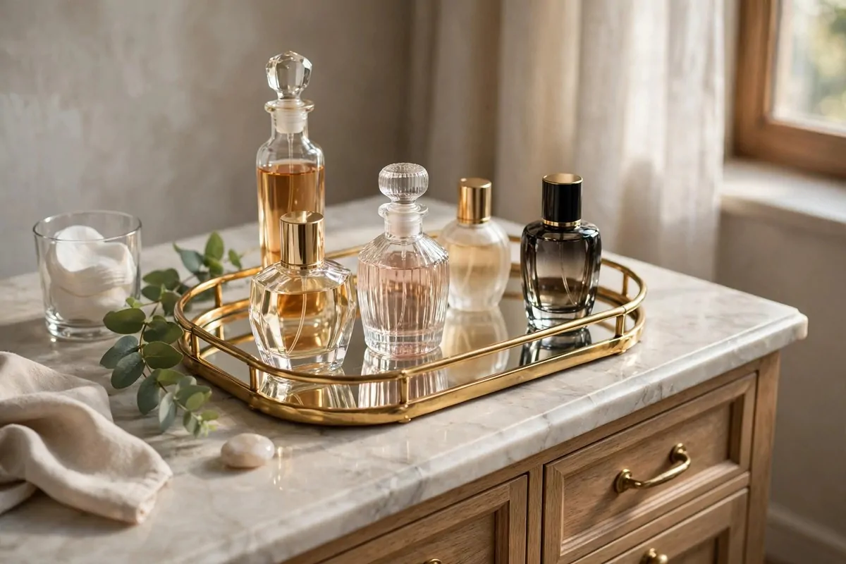 21 Makeup Studio Ideas for a Glam, Camera-Ready Space 16 Elegant tray with glass perfume bottles arranged on a vanity