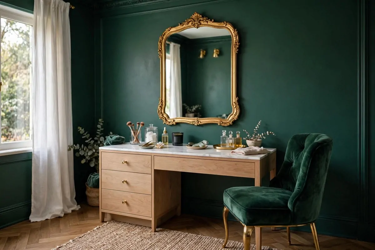 21 Makeup Studio Ideas for a Glam, Camera-Ready Space 17 Makeup room with deep emerald green walls, gold mirror and velvet chair