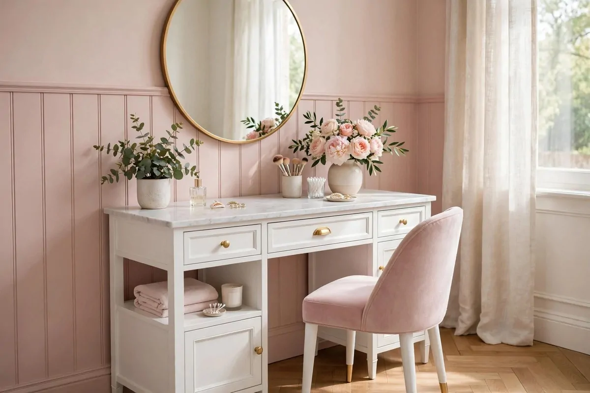 21 Makeup Studio Ideas for a Glam, Camera-Ready Space 18 Makeup vanity area in soft blush pink tones with white furniture and fresh flowers