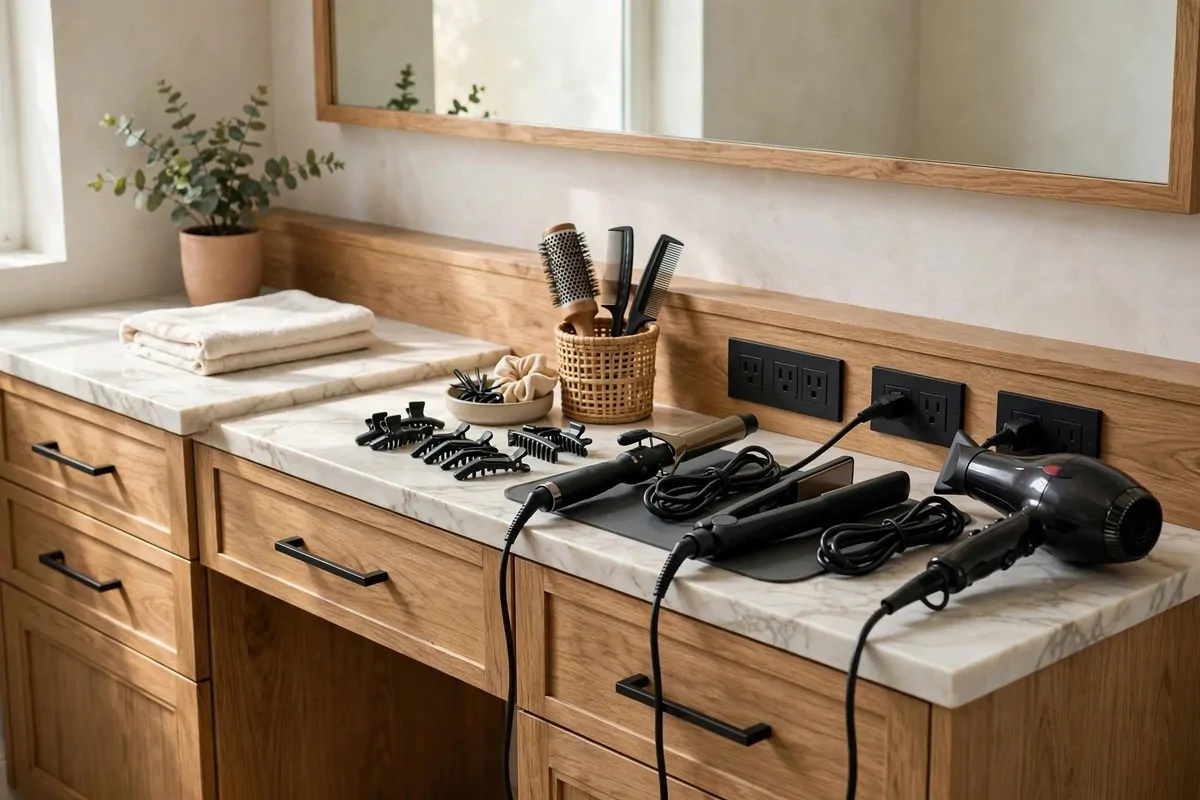 21 Makeup Studio Ideas for a Glam, Camera-Ready Space 19 Vanity with built-in power outlets and neatly plugged styling tools on the side