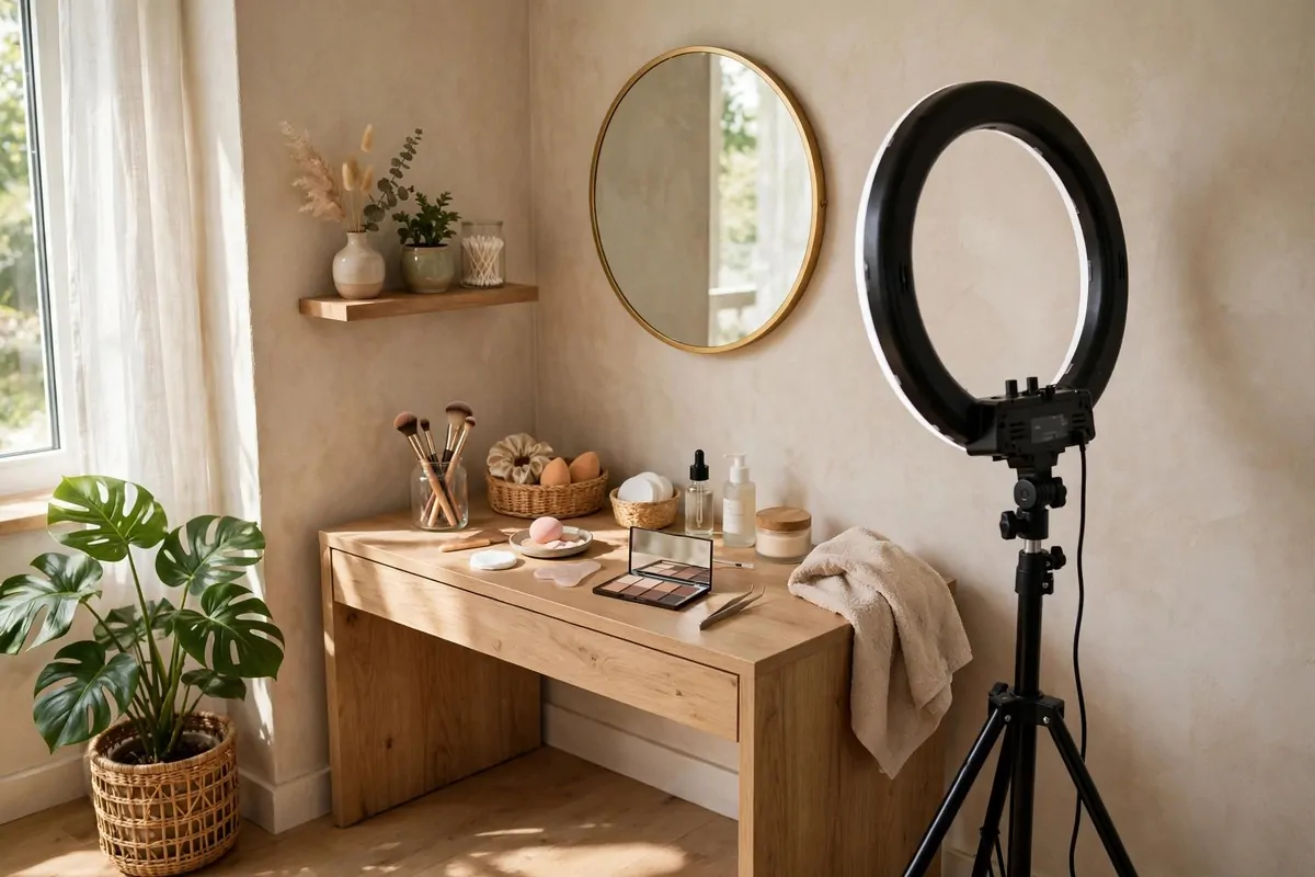 21 Makeup Studio Ideas for a Glam, Camera-Ready Space 20 Vanity corner with a ring light on tripod set up for filming makeup tutorials