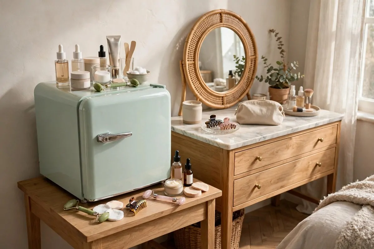 21 Makeup Studio Ideas for a Glam, Camera-Ready Space 21 Small mini fridge on a vanity side table stocked with skincare products