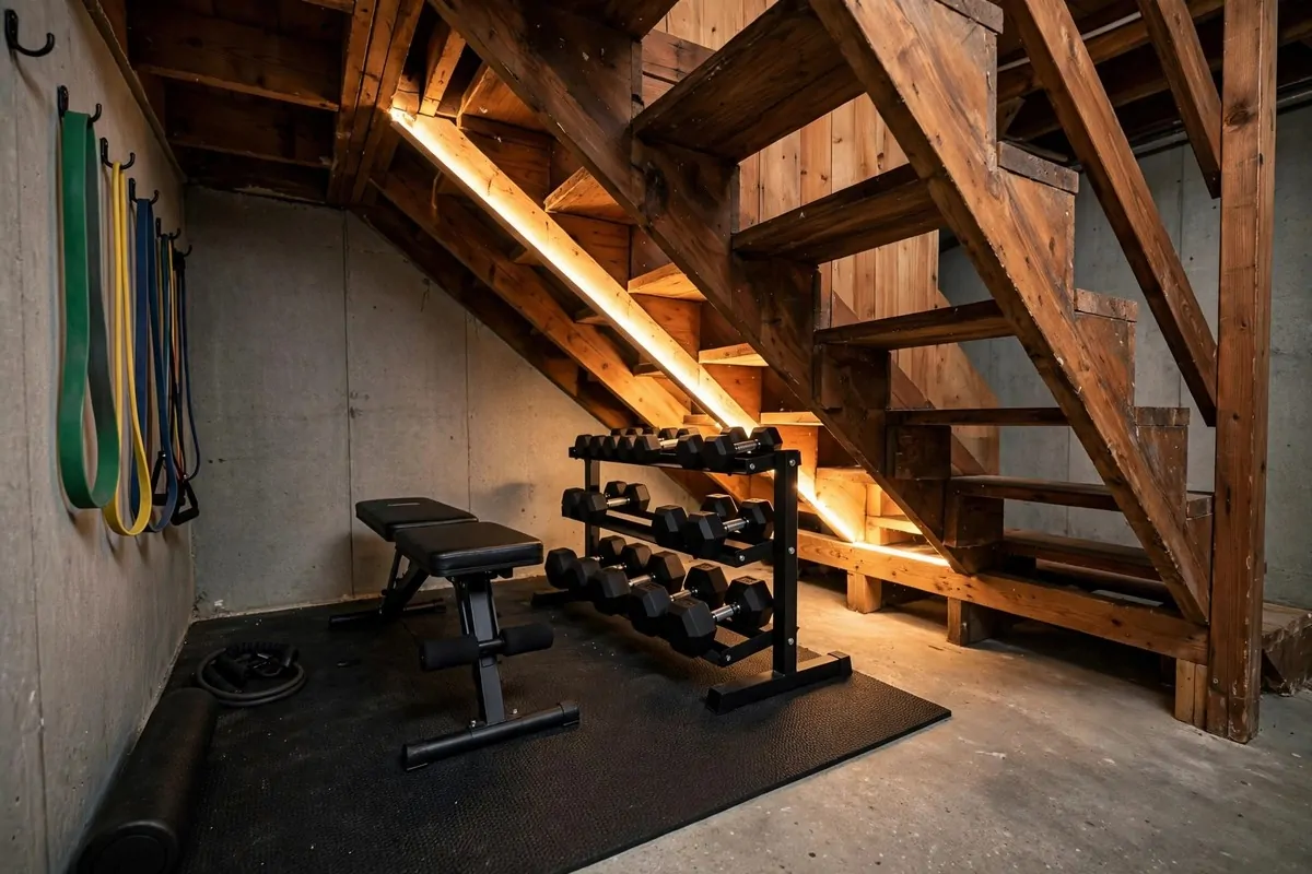 21 Mini Gym at Home Ideas Basement Layouts That Use Dead Space 1 A small home gym under wooden basement stairs with a dumbbell rack, foldable bench and resistance bands on hooks.