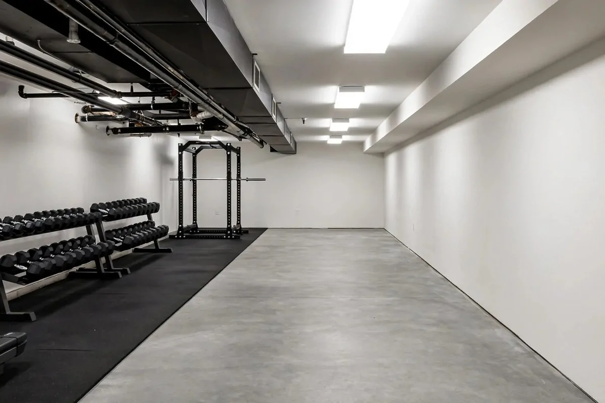 21 Mini Gym at Home Ideas Basement Layouts That Use Dead Space 2 Long narrow basement gym with equipment lined along one wall and open floor in the centre.