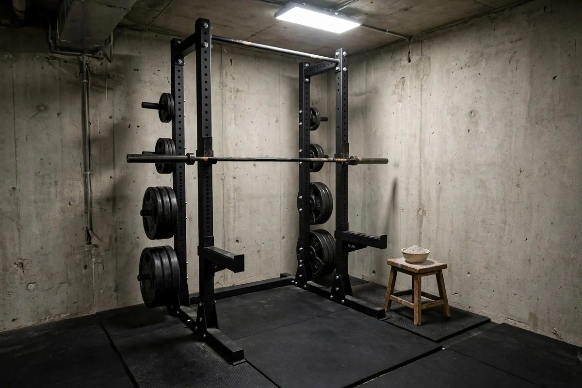 21 Mini Gym at Home Ideas Basement Layouts That Use Dead Space 3 Black power squat rack with barbell and weight plates in a basement corner on rubber mats.
