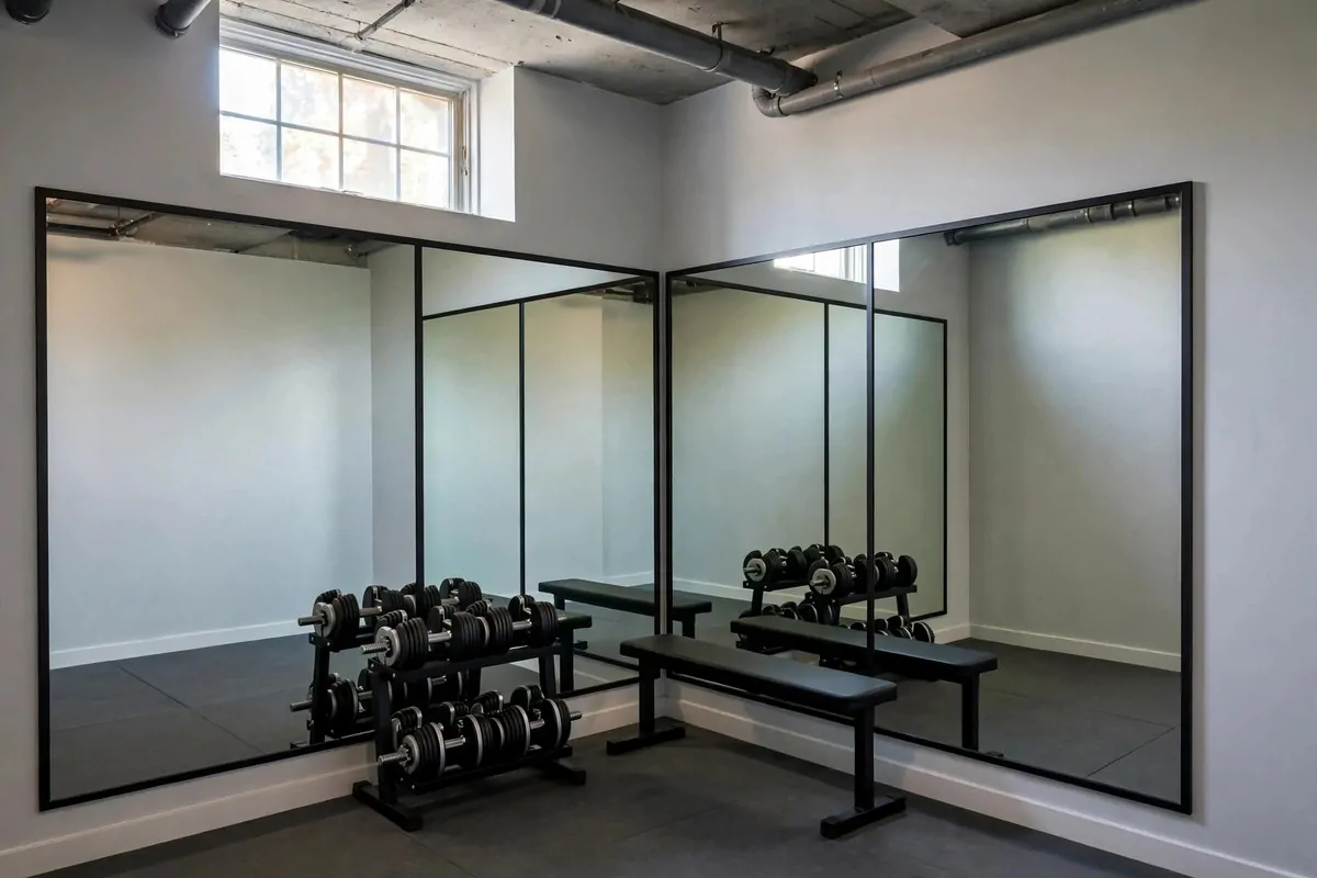 21 Mini Gym at Home Ideas Basement Layouts That Use Dead Space 4 Basement gym strength corner with a full wall of mirrors, dumbbells and a slim bench.