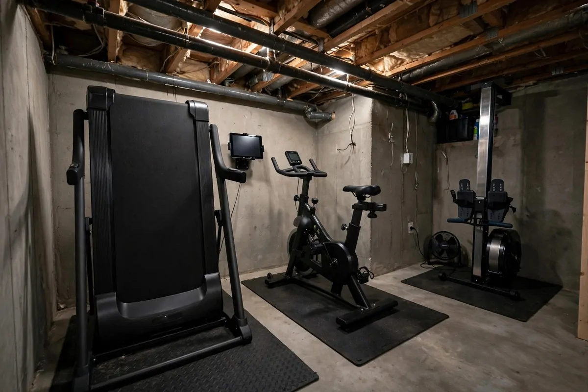 21 Mini Gym at Home Ideas Basement Layouts That Use Dead Space 5 Low-ceiling basement cardio strip with folding treadmill, exercise bike and upright rower.