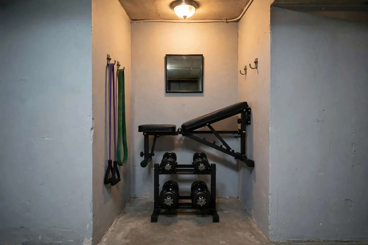 21 Mini Gym at Home Ideas Basement Layouts That Use Dead Space 6 Foldable weight bench mounted flat on a basement wall above a compact dumbbell rack.