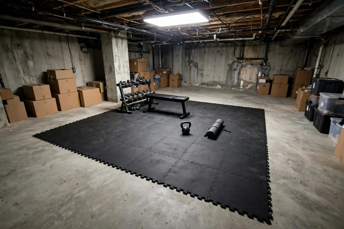 21 Mini Gym at Home Ideas Basement Layouts That Use Dead Space 7 Home gym zone defined by interlocking charcoal rubber floor tiles on bare concrete.