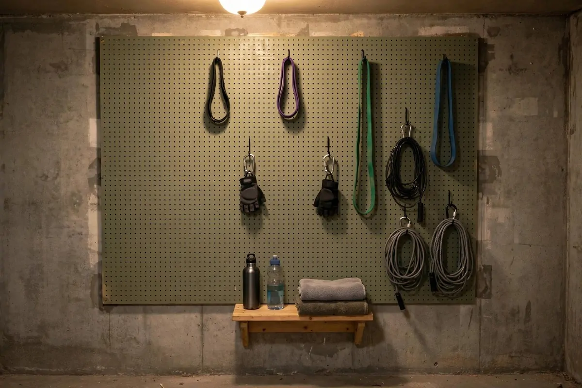21 Mini Gym at Home Ideas Basement Layouts That Use Dead Space 8 Painted pegboard wall in a basement gym holding resistance bands, ropes and gloves on hooks.
