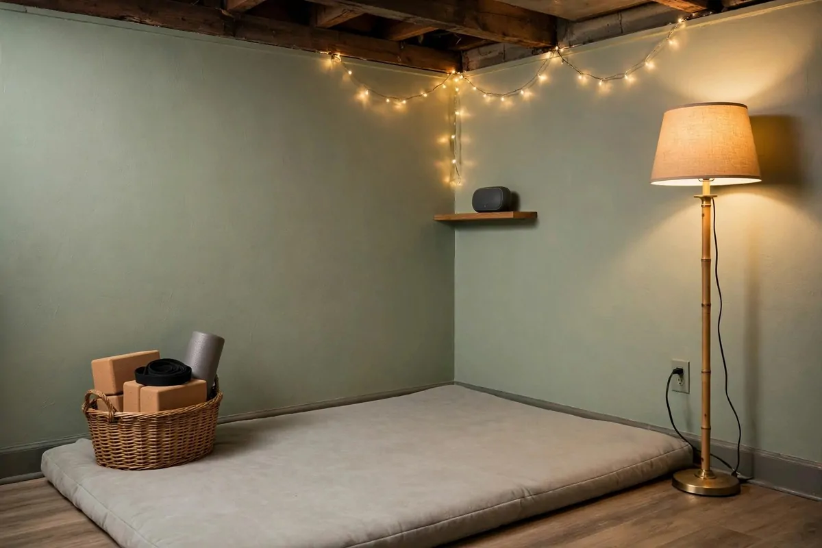 21 Mini Gym at Home Ideas Basement Layouts That Use Dead Space 9 Calm yoga alcove in a basement with a soft mat, basket of blocks and warm lamp light.