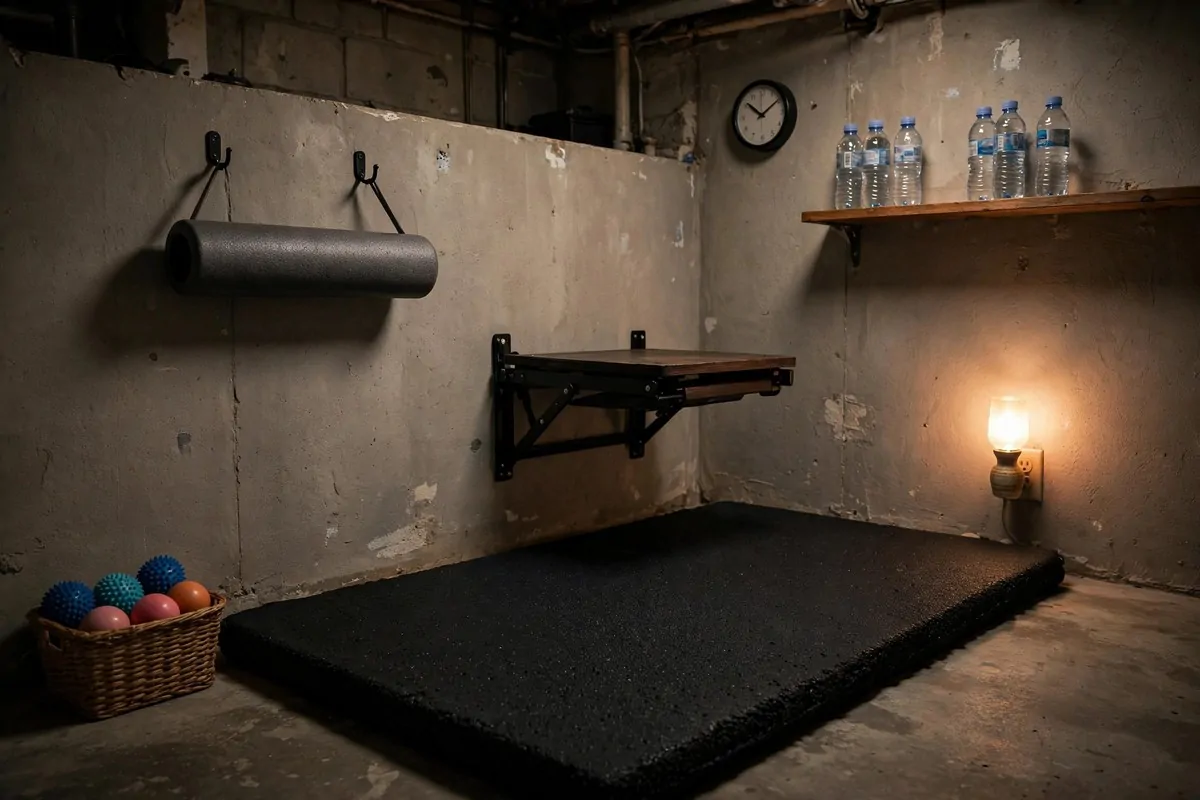 21 Mini Gym at Home Ideas Basement Layouts That Use Dead Space 10 Basement recovery nook with a thick mat, foam roller on wall hooks and massage balls.