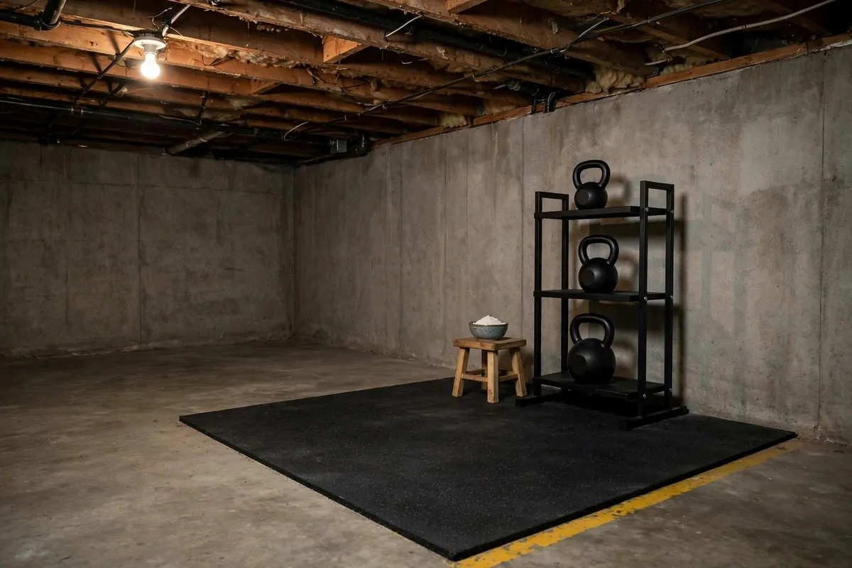 21 Mini Gym at Home Ideas Basement Layouts That Use Dead Space 11 Three-tier kettlebell rack with a chalk bowl stool in a basement corner.