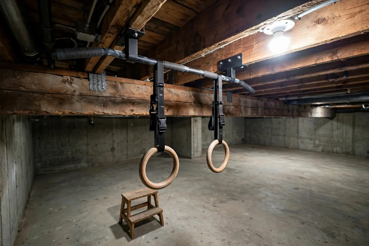 21 Mini Gym at Home Ideas Basement Layouts That Use Dead Space 12 Ceiling-mounted pull-up bar with gymnastic rings above an open basement walkway.