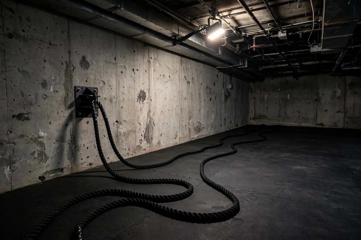 21 Mini Gym at Home Ideas Basement Layouts That Use Dead Space 13 Battle ropes anchored to a concrete basement wall with a long clear rope lane.