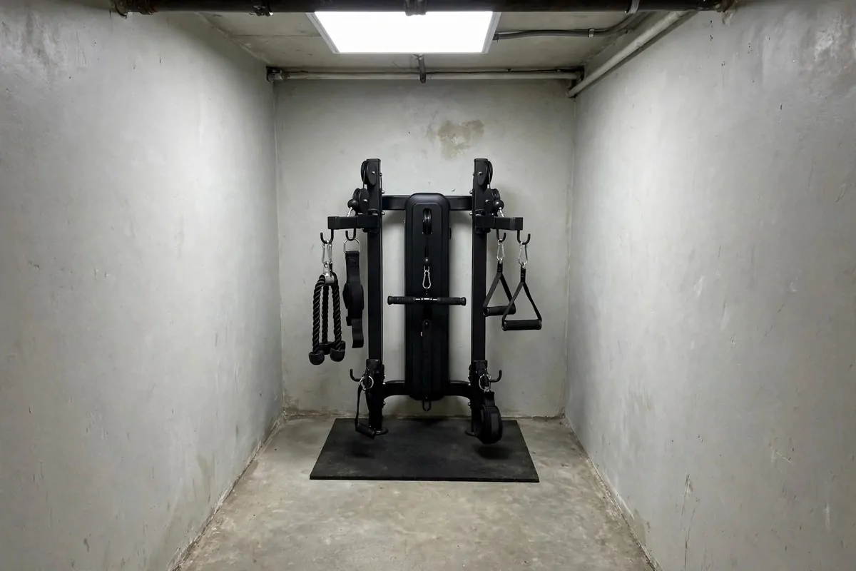 21 Mini Gym at Home Ideas Basement Layouts That Use Dead Space 14 Compact cable functional trainer machine tucked into a small basement nook.