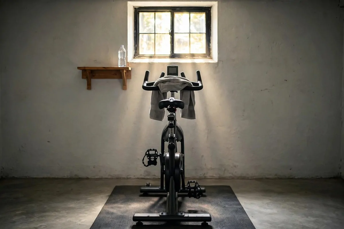 21 Mini Gym at Home Ideas Basement Layouts That Use Dead Space 15 Stationary exercise bike under a small basement window with daylight streaming in.
