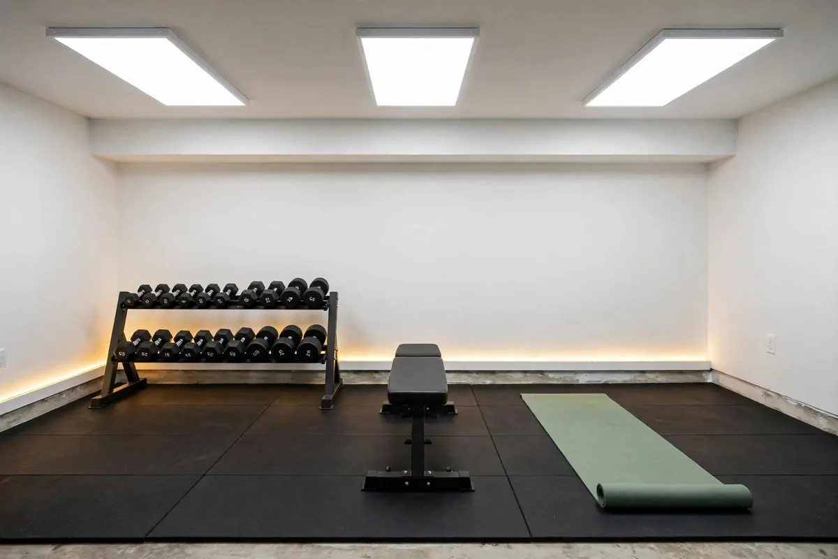 21 Mini Gym at Home Ideas Basement Layouts That Use Dead Space 17 Bright basement gym with LED ceiling panels, white walls and glowing strip lighting.