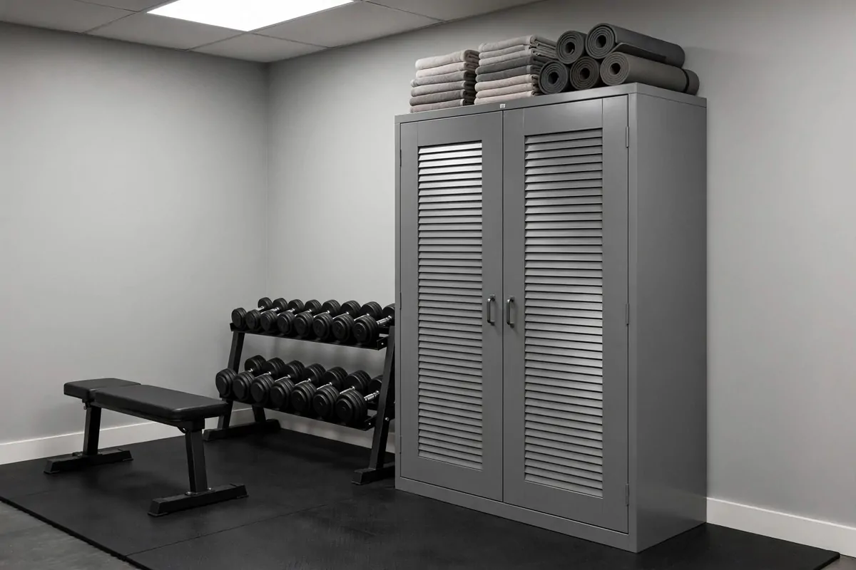 21 Mini Gym at Home Ideas Basement Layouts That Use Dead Space 18 Closed grey storage cabinet at the edge of a basement gym workout zone.