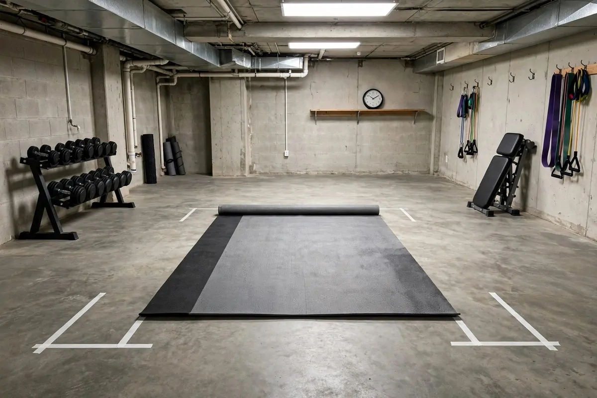 21 Mini Gym at Home Ideas Basement Layouts That Use Dead Space 19 Open basement floor with a large exercise mat and all gear pushed against the walls.