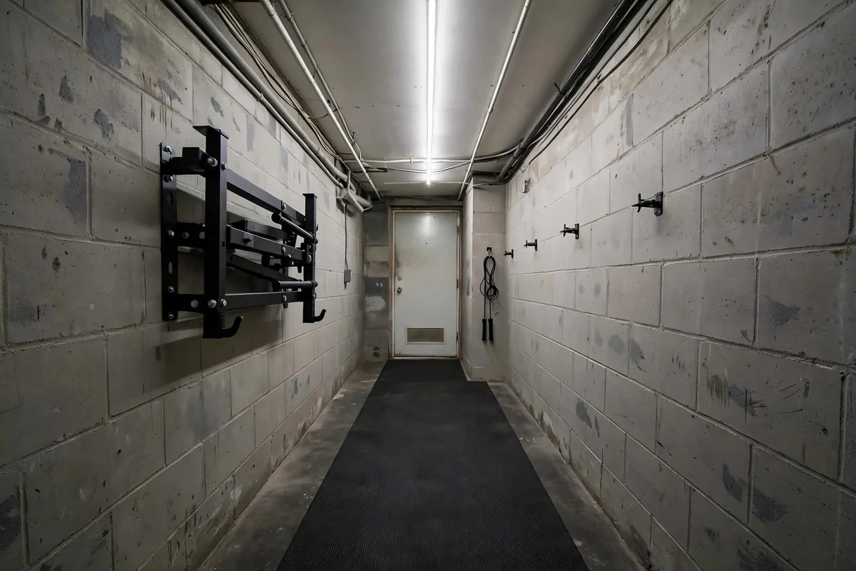 21 Mini Gym at Home Ideas Basement Layouts That Use Dead Space 20 Narrow basement hallway with a wall-mounted foldable squat rack and runner mat.
