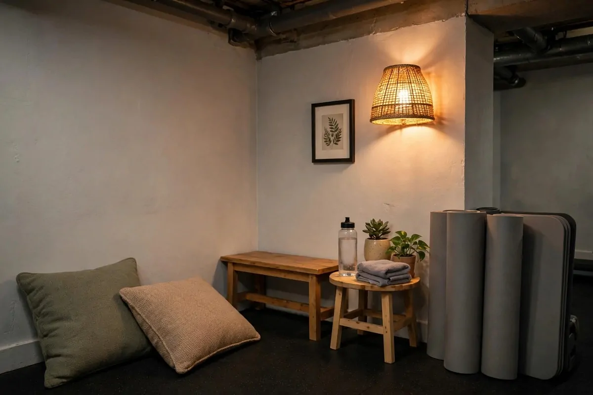 21 Mini Gym at Home Ideas Basement Layouts That Use Dead Space 21 Cosy cool-down corner in a basement gym with floor cushions, plants and a warm lamp.