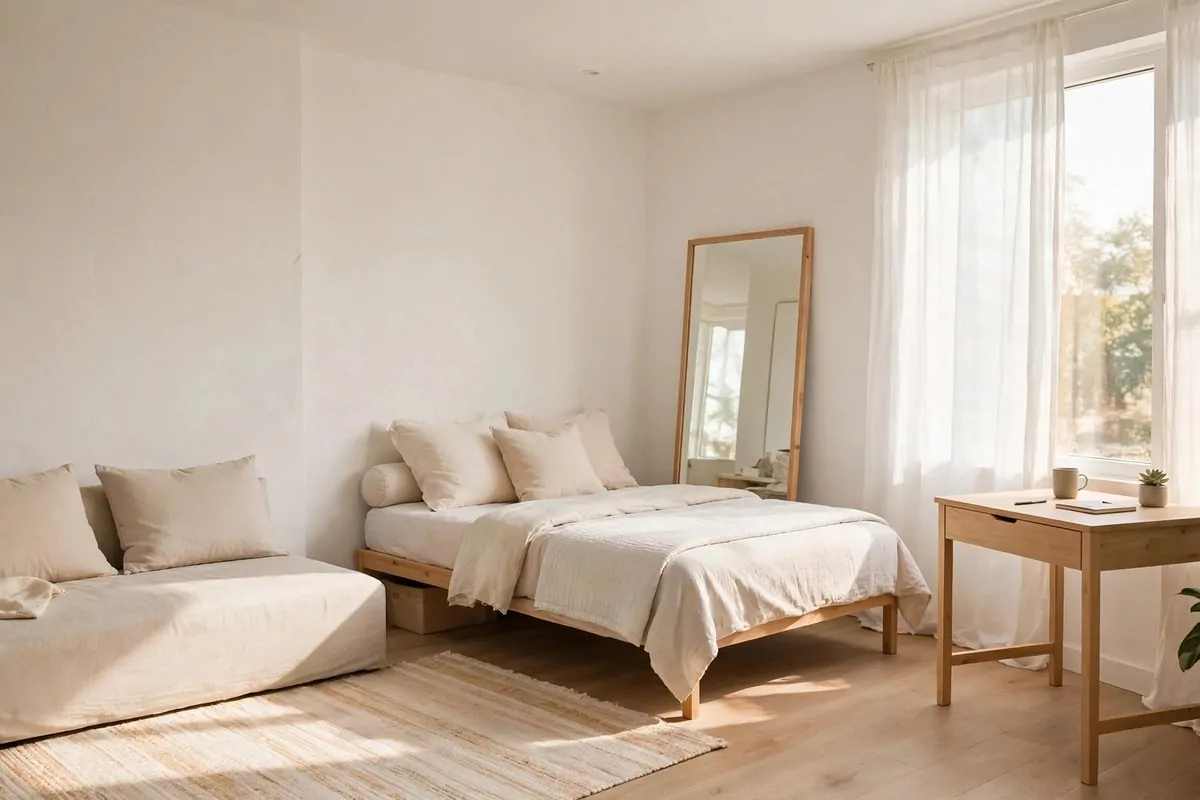 A bright tiny studio apartment that looks spacious with a low sofa, a daybed with pale bedding, a desk by a large window and a tall mirror