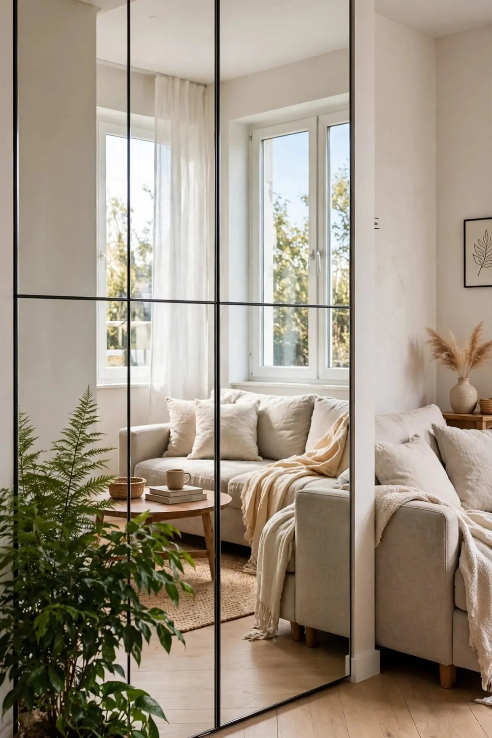 A small studio apartment with mirrored closet doors reflecting a bright window and a sofa