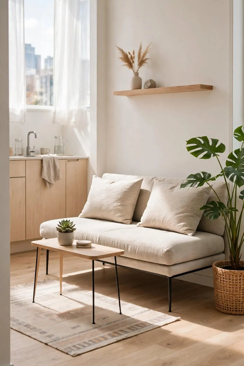 A tiny studio apartment with a slim-legged sofa and table and visible light wood floor underneath
