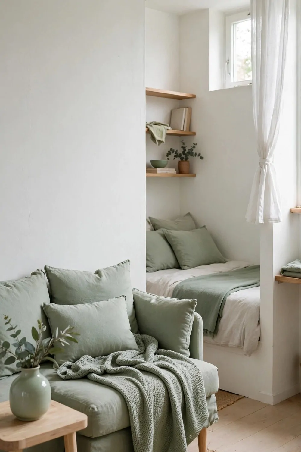 A tiny studio apartment in one calm sage green color palette with matching cushions, throw and vase