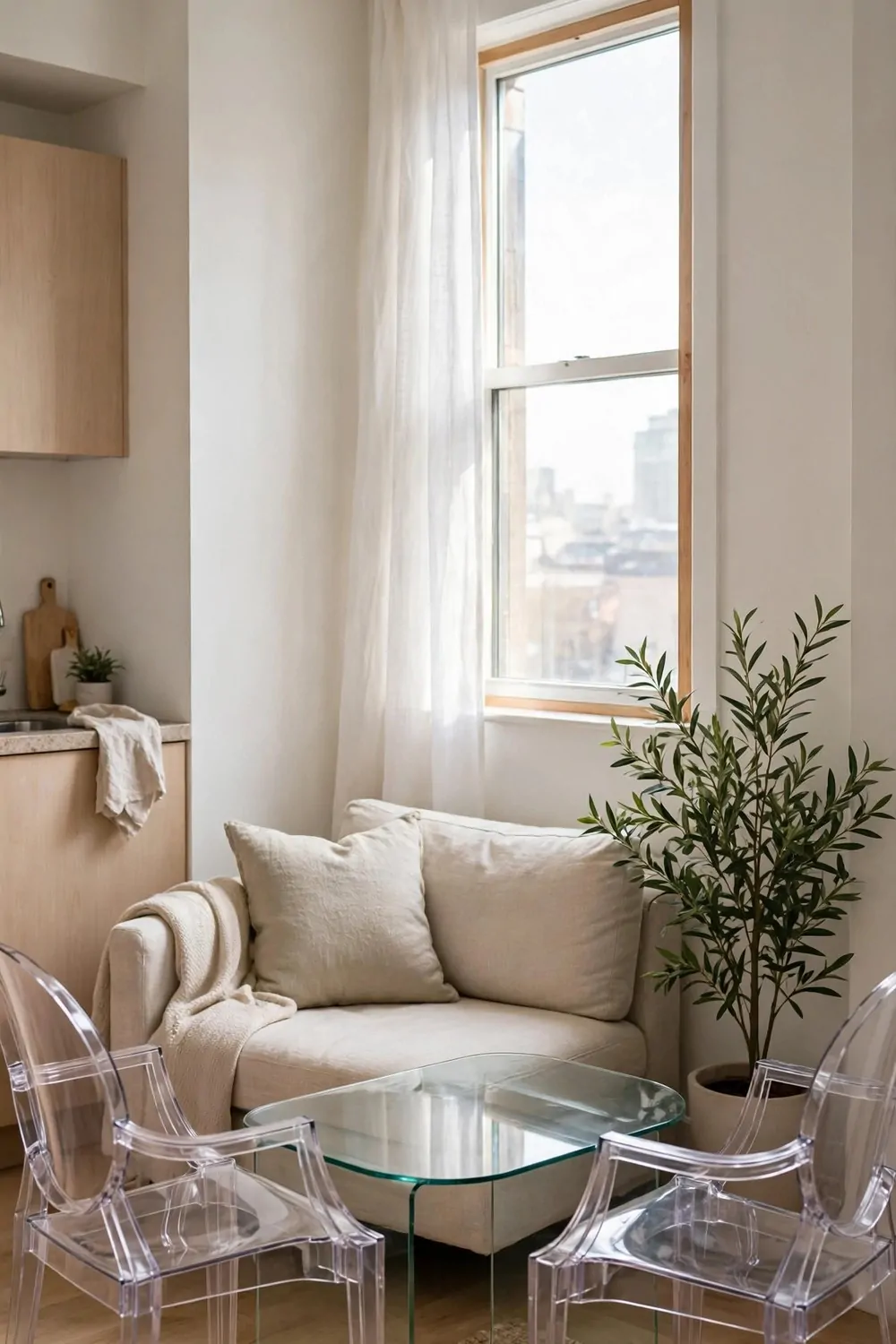 A tiny studio apartment with clear acrylic ghost chairs and a glass coffee table