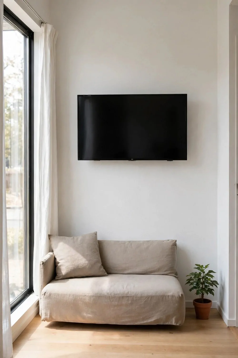 A tiny studio apartment with a flat-screen TV mounted on a white wall and no TV stand below