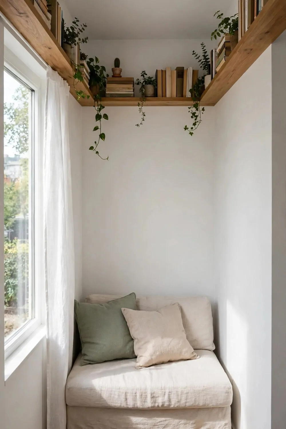 A tiny studio apartment with one long floating shelf running around the walls near the ceiling
