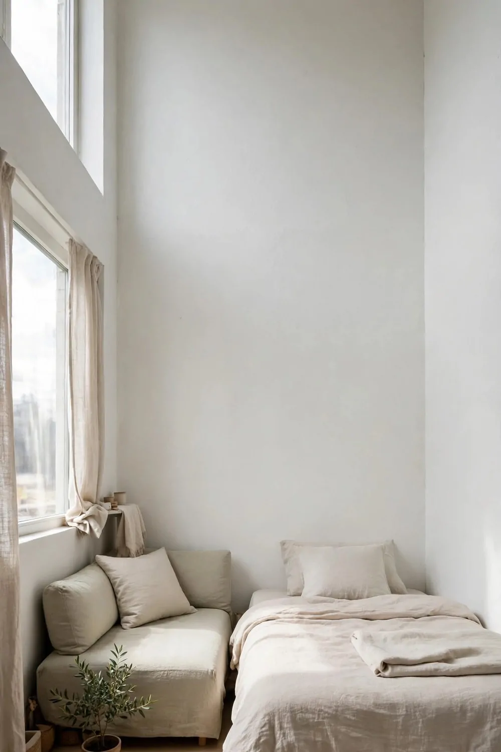 A tiny studio apartment with a low bed with no bulky headboard and pale bedding