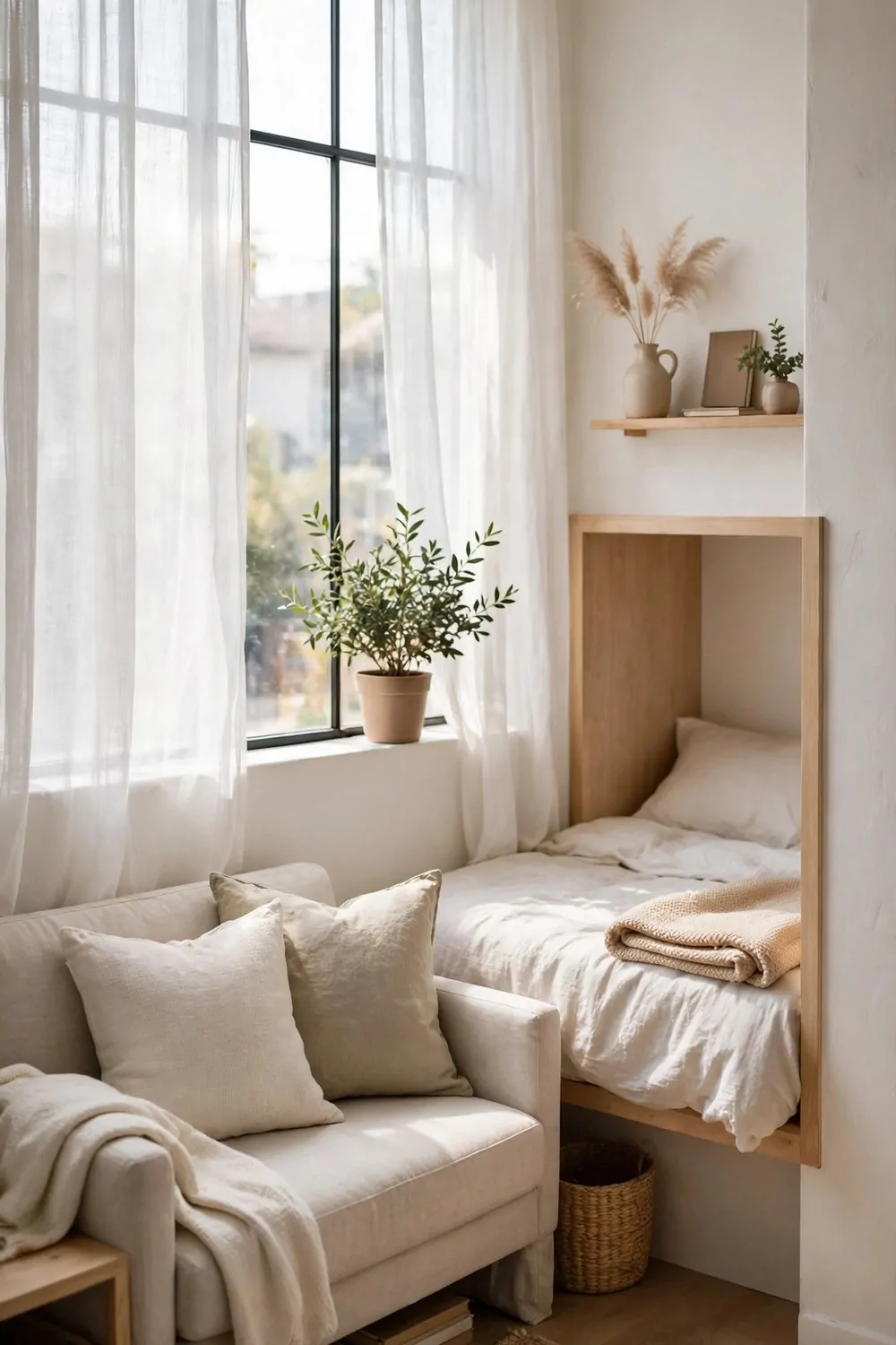 A tiny studio apartment with sheer white window coverings letting in soft daylight